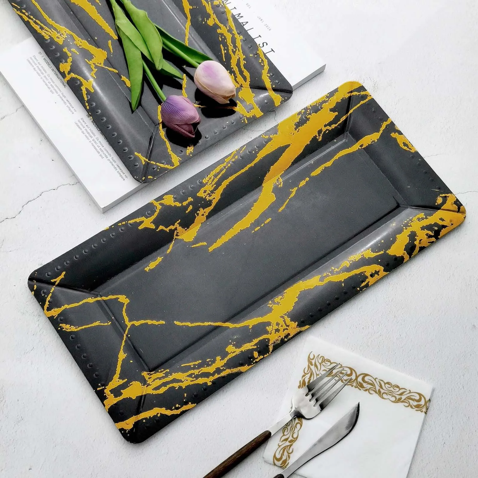 10 Pack Black Gold Marble 16" Heavy Duty Paper Serving Trays - 1100 GSM