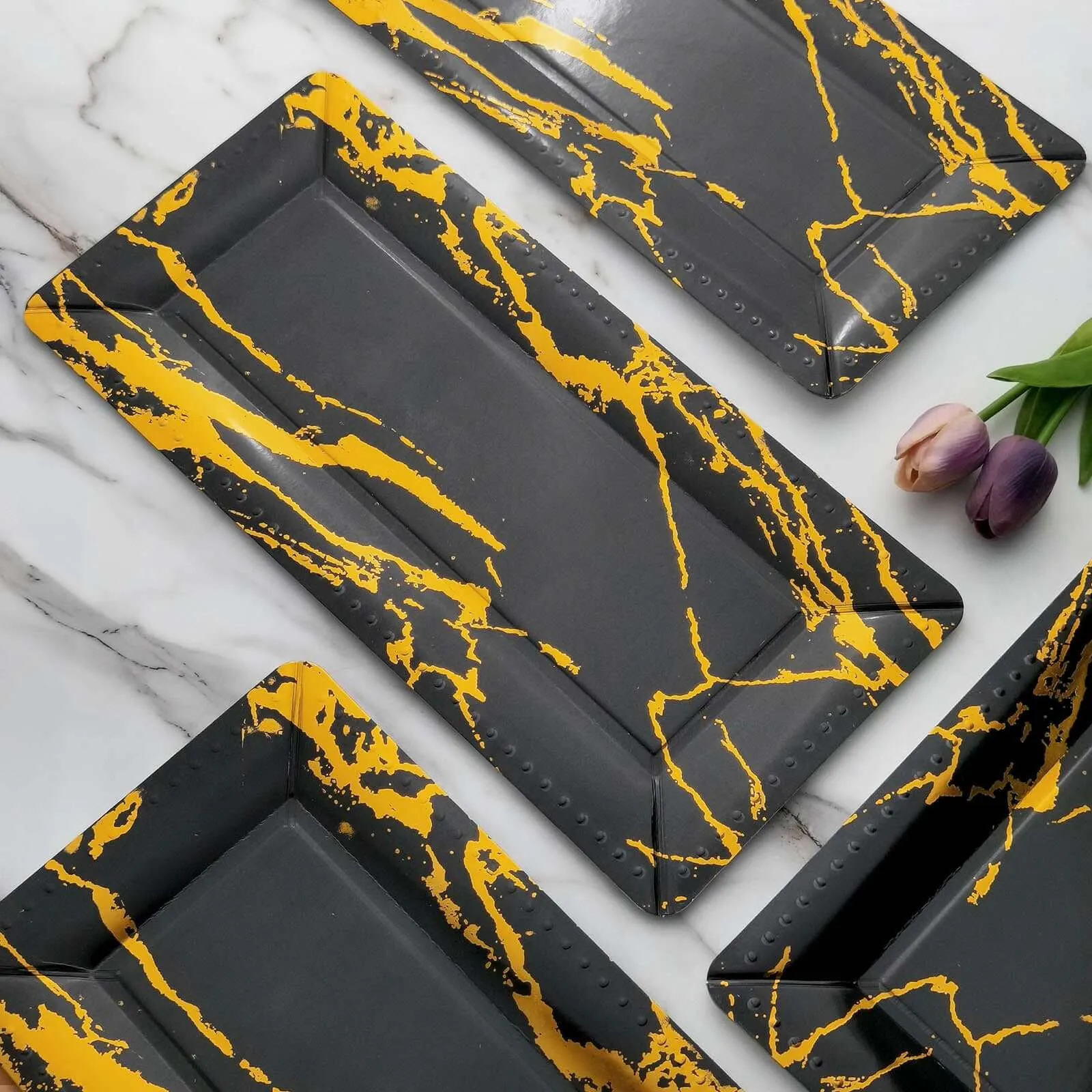 10 Pack Black Gold Marble 16" Heavy Duty Paper Serving Trays - 1100 GSM