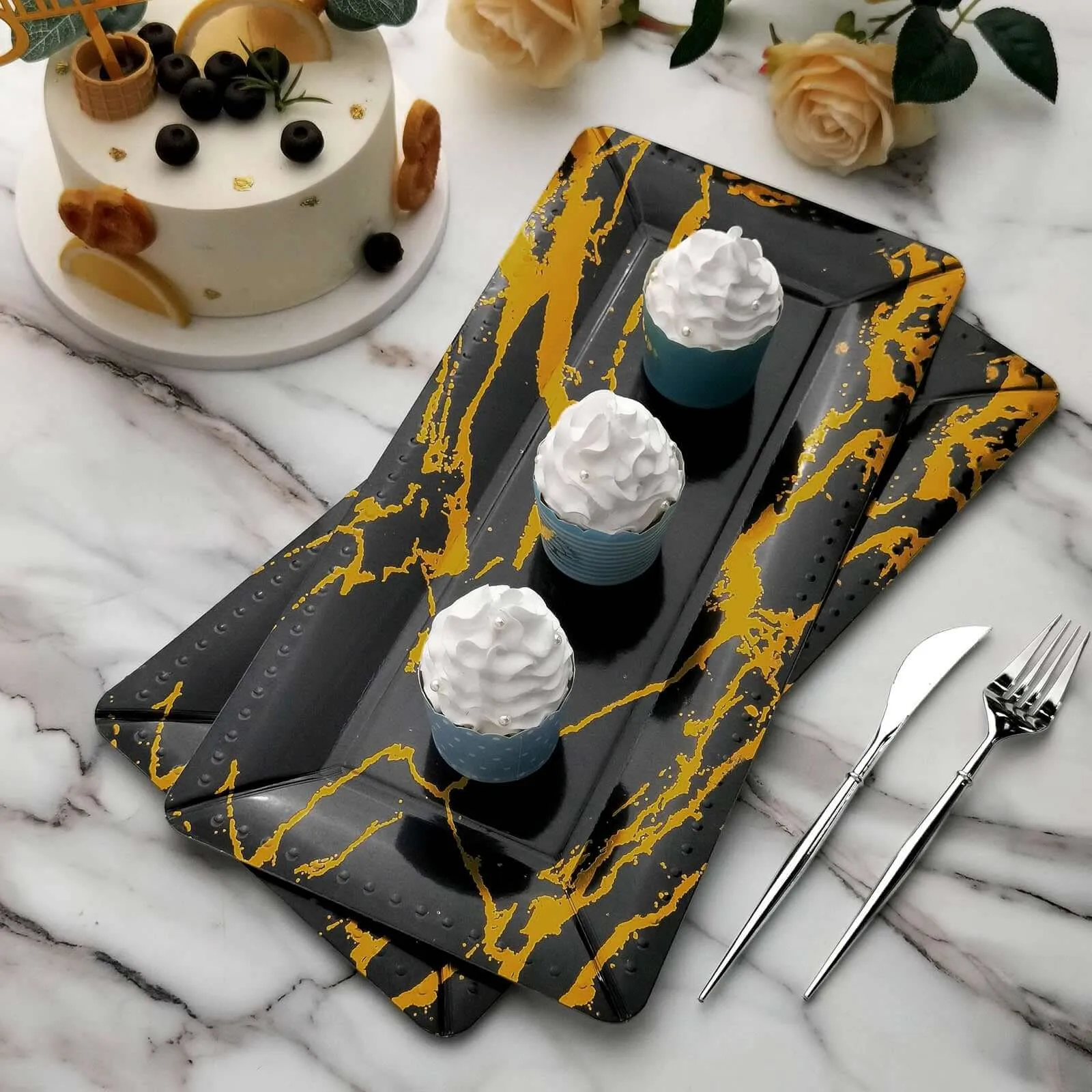 10 Pack Black/Gold Marble Heavy Duty Paper Serving Trays 1100 GSM 16"