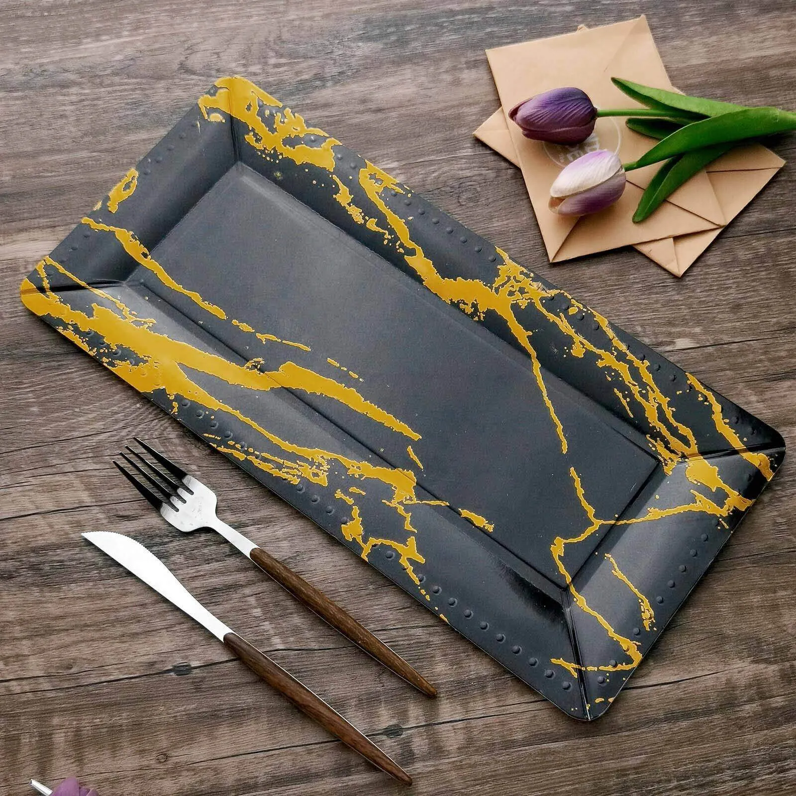 10 Pack Black/Gold Marble Heavy Duty Paper Serving Trays 1100 GSM 16"