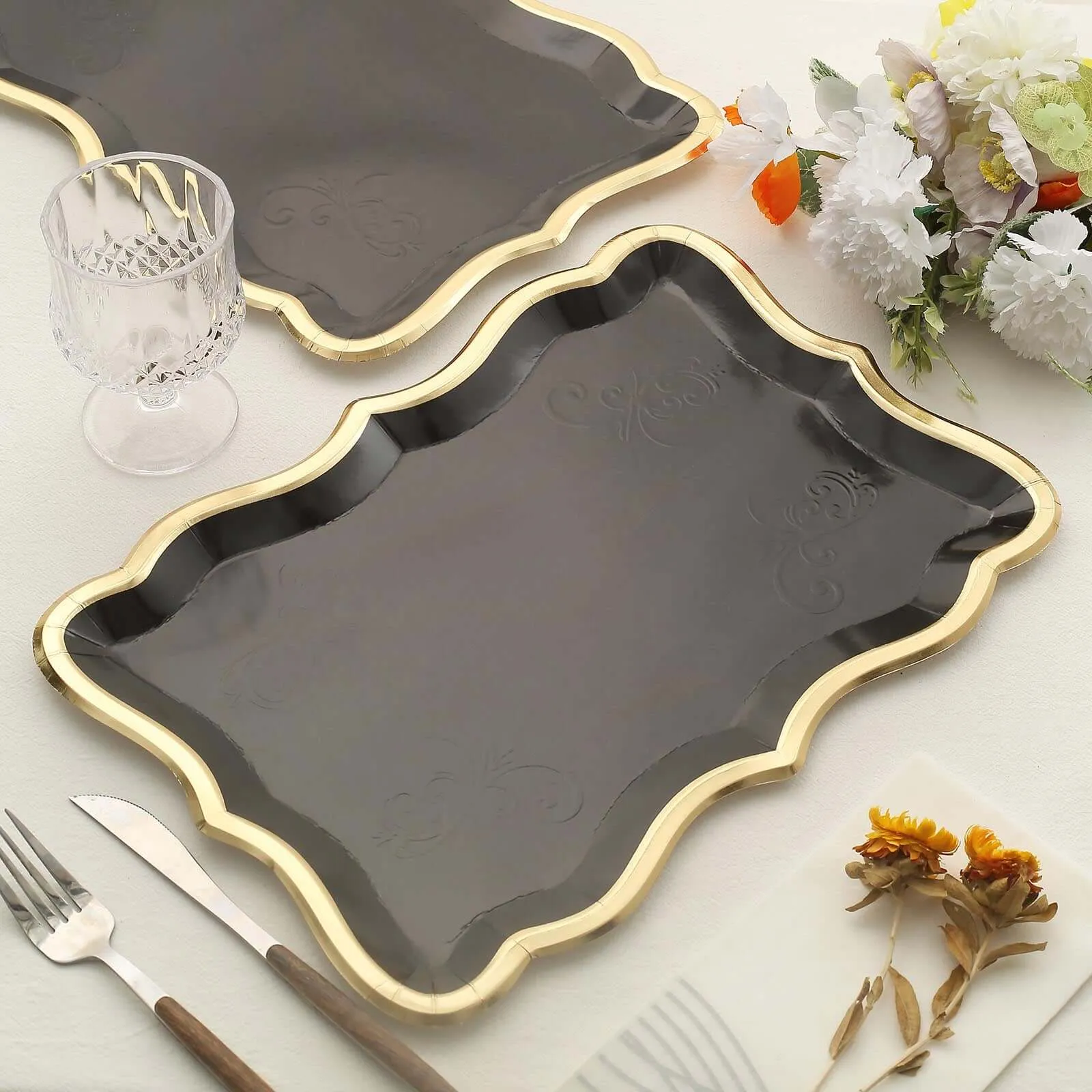 10 Pack Elegant Black / Gold Rim Disposable Serving Trays, Heavy Duty 400 GSM Paper Rectangular Party Platters 14"x10"