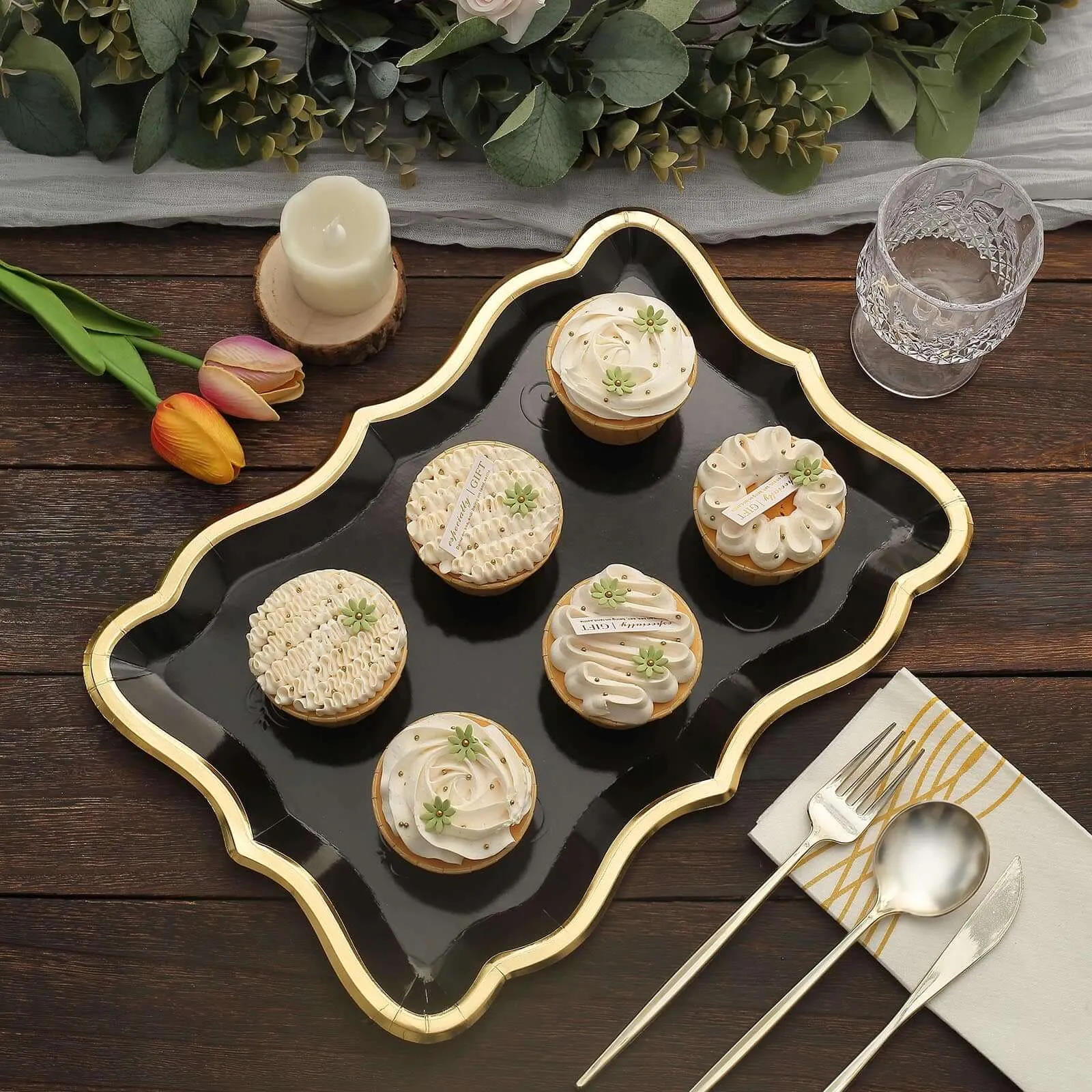 10 Pack Elegant Black / Gold Rim Disposable Serving Trays, Heavy Duty 400 GSM Paper Rectangular Party Platters 14"x10"