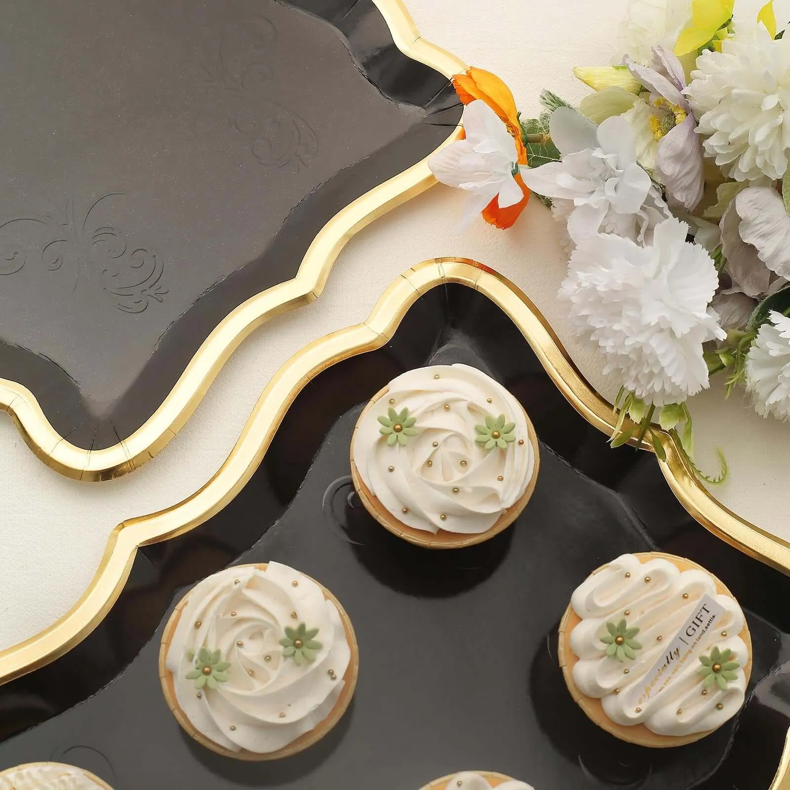 10 Pack Elegant Black / Gold Rim Disposable Serving Trays, Heavy Duty 400 GSM Paper Rectangular Party Platters 14"x10"