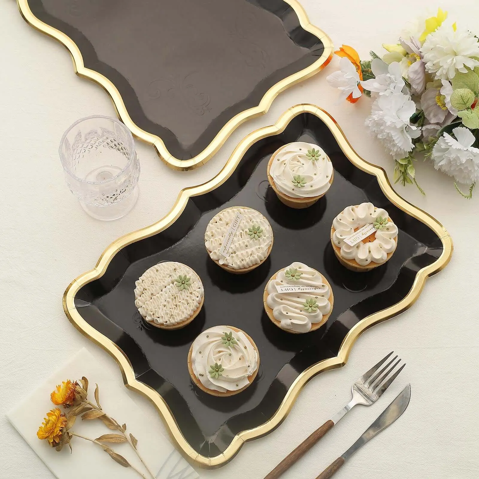 10 Pack Elegant Black / Gold Rim Disposable Serving Trays, Heavy Duty 400 GSM Paper Rectangular Party Platters 14"x10"