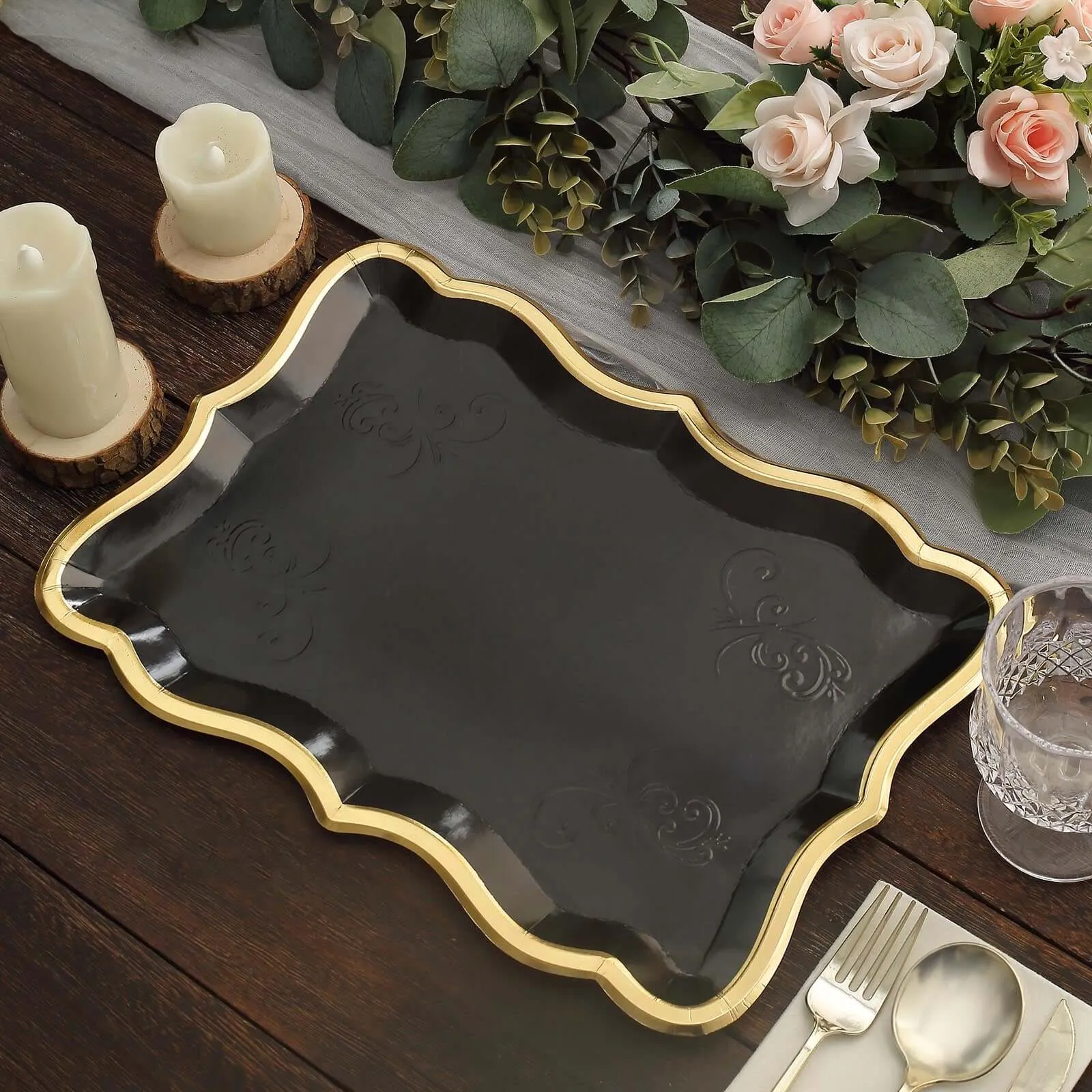 10 Pack Elegant Black / Gold Rim Disposable Serving Trays, Heavy Duty 400 GSM Paper Rectangular Party Platters 14"x10"