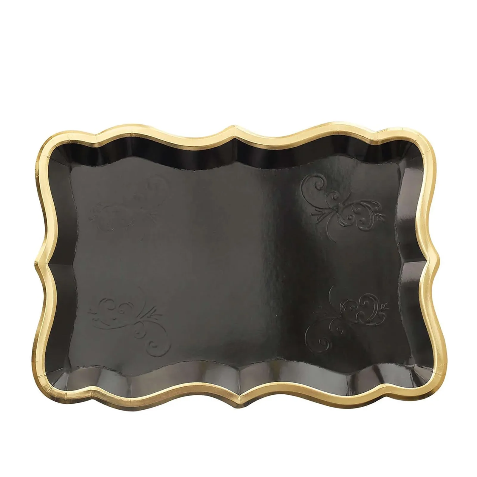 10 Pack Elegant Black / Gold Rim Disposable Serving Trays, Heavy Duty 400 GSM Paper Rectangular Party Platters 14"x10"