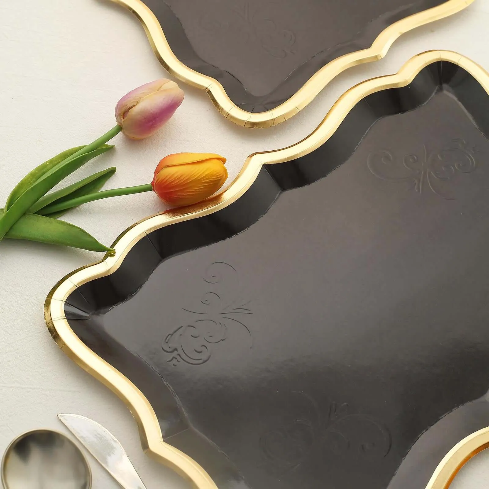 10 Pack Elegant Black / Gold Rim Disposable Serving Trays, Heavy Duty 400 GSM Paper Rectangular Party Platters 14"x10"