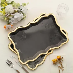 10 Pack Elegant Black / Gold Rim Disposable Serving Trays, Heavy Duty 400 GSM Paper Rectangular Party Platters 14"x10"