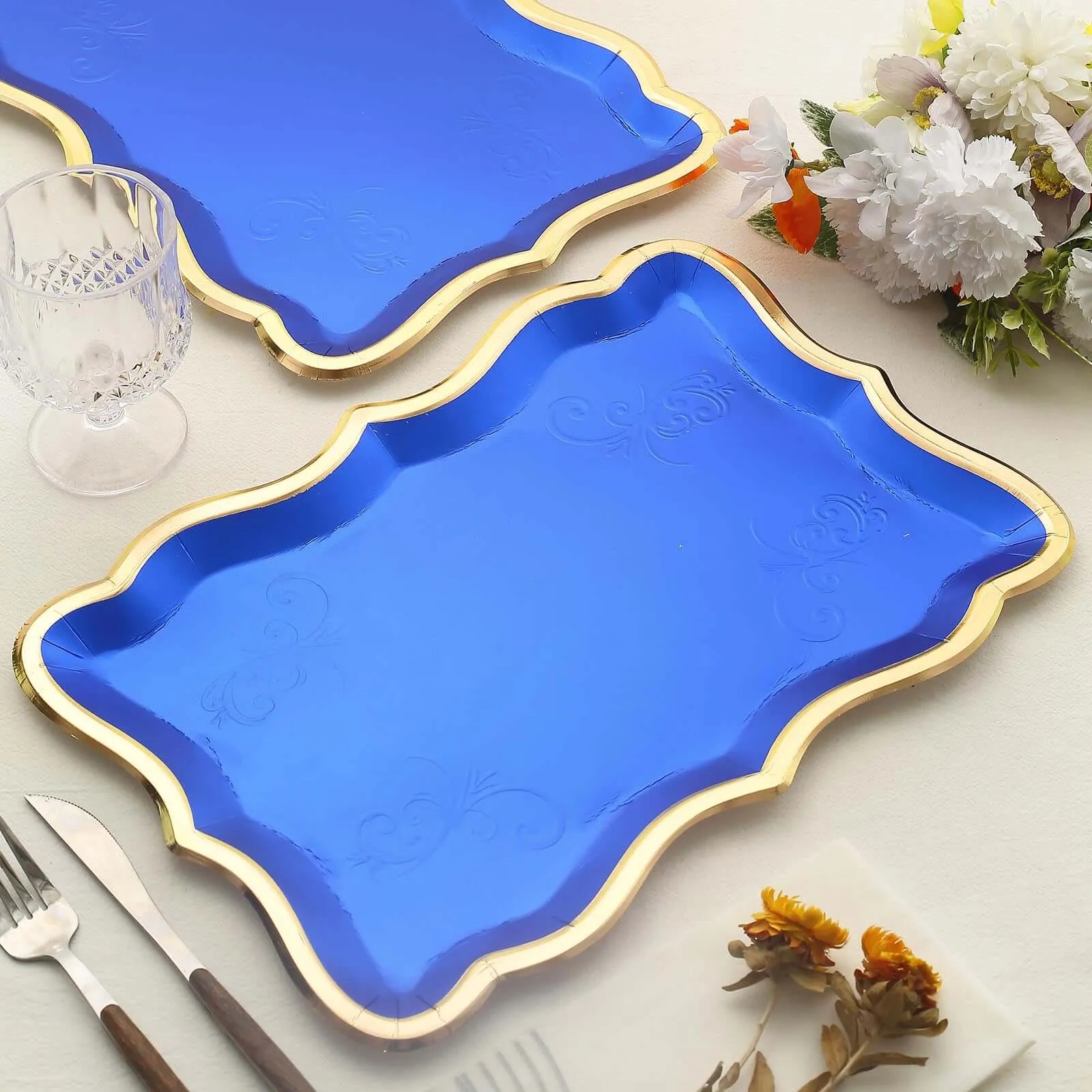 10 Pack Elegant Royal Blue / Gold Rim Disposable Serving Trays, Heavy Duty 400 GSM Paper Rectangular Party Platters 14"x10"