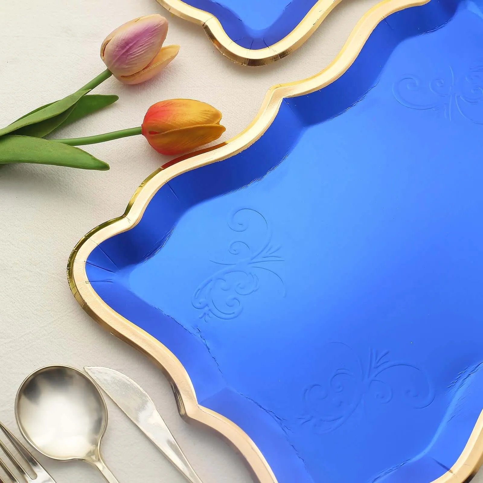 10 Pack Elegant Royal Blue / Gold Rim Disposable Serving Trays, Heavy Duty 400 GSM Paper Rectangular Party Platters 14"x10"