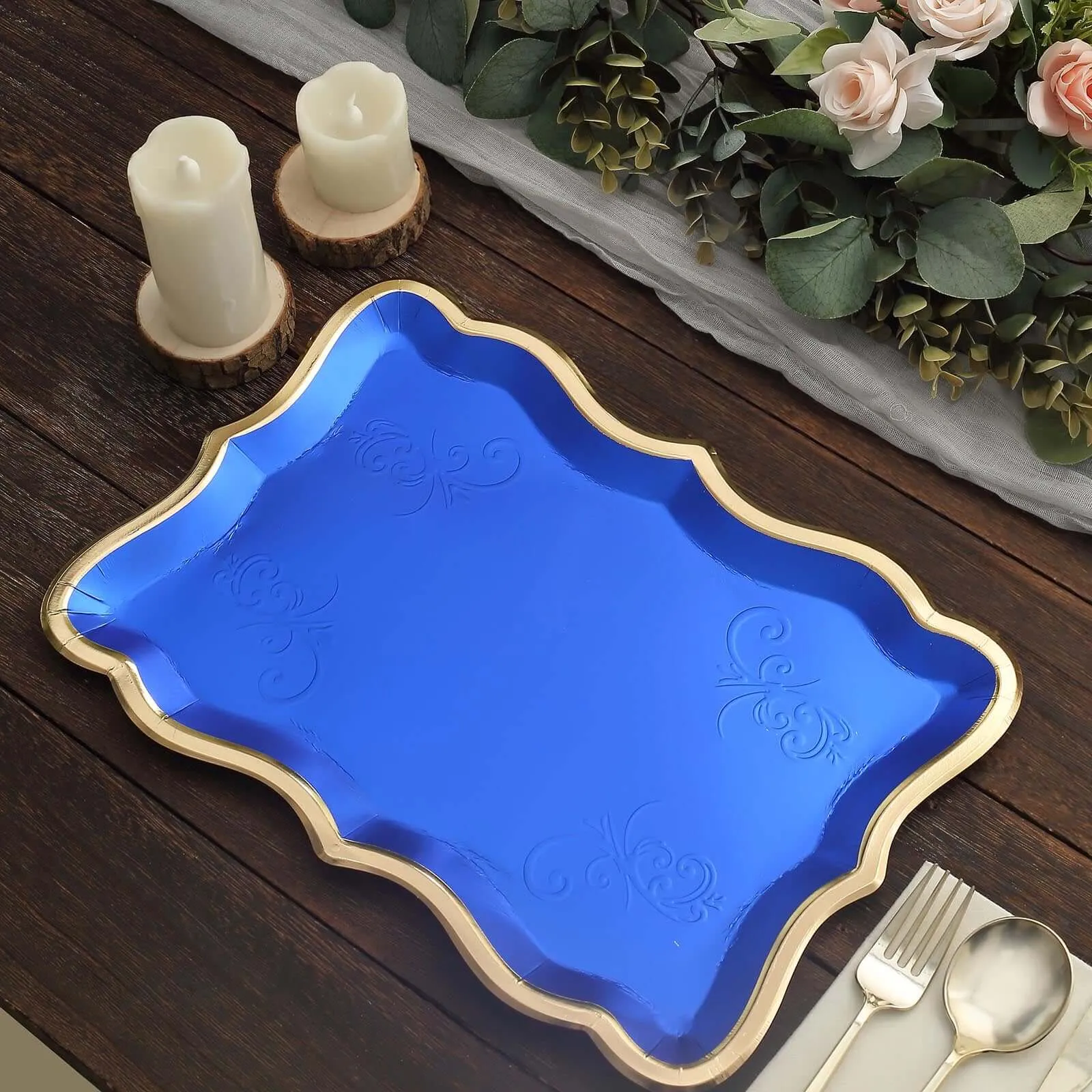 10 Pack Elegant Royal Blue / Gold Rim Disposable Serving Trays, Heavy Duty 400 GSM Paper Rectangular Party Platters 14"x10"