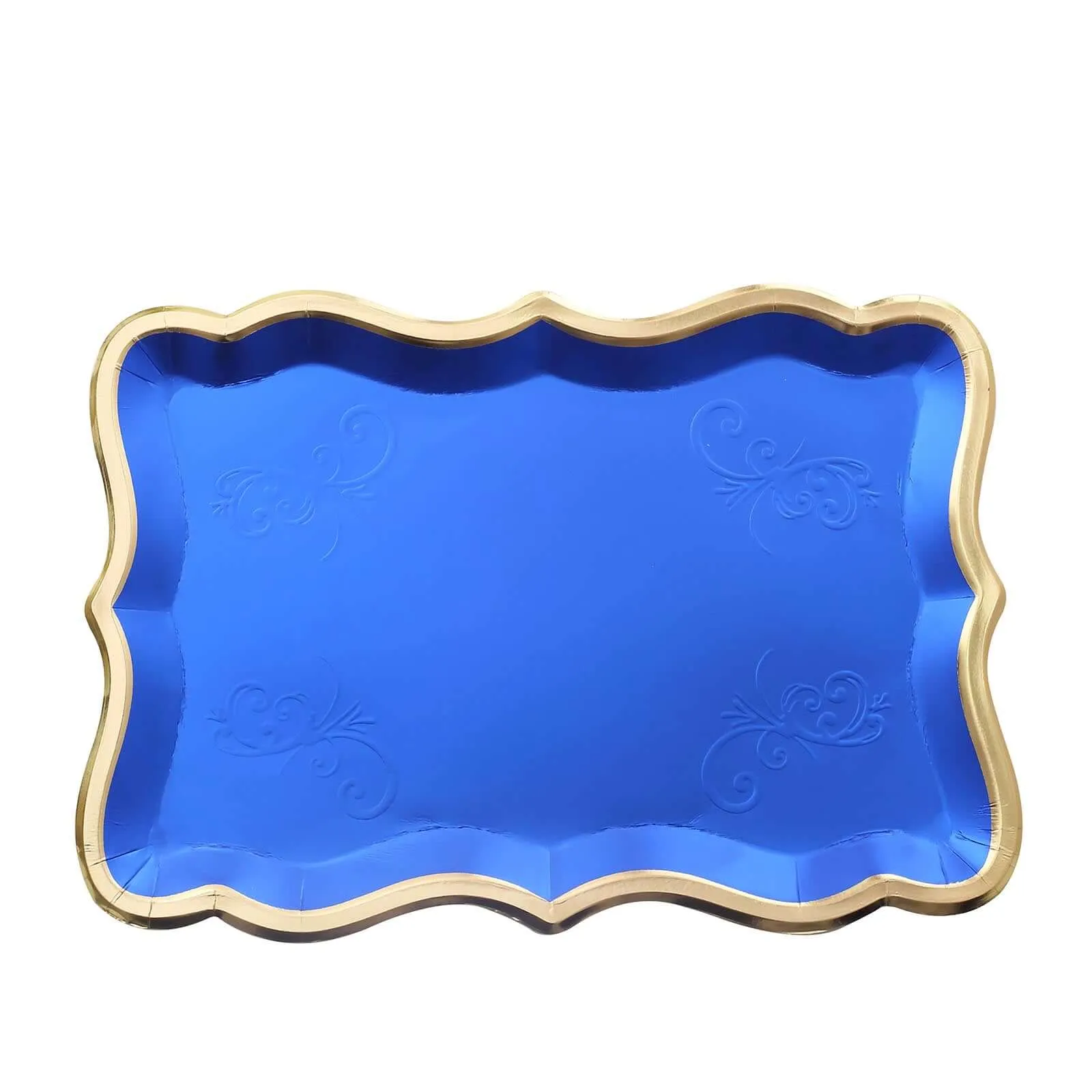 10 Pack Elegant Royal Blue / Gold Rim Disposable Serving Trays, Heavy Duty 400 GSM Paper Rectangular Party Platters 14"x10"