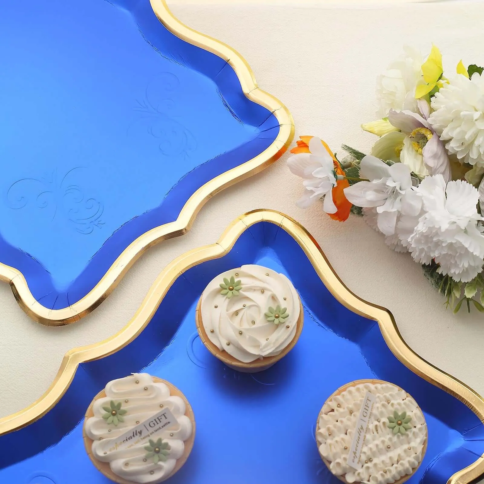 10 Pack Elegant Royal Blue / Gold Rim Disposable Serving Trays, Heavy Duty 400 GSM Paper Rectangular Party Platters 14"x10"