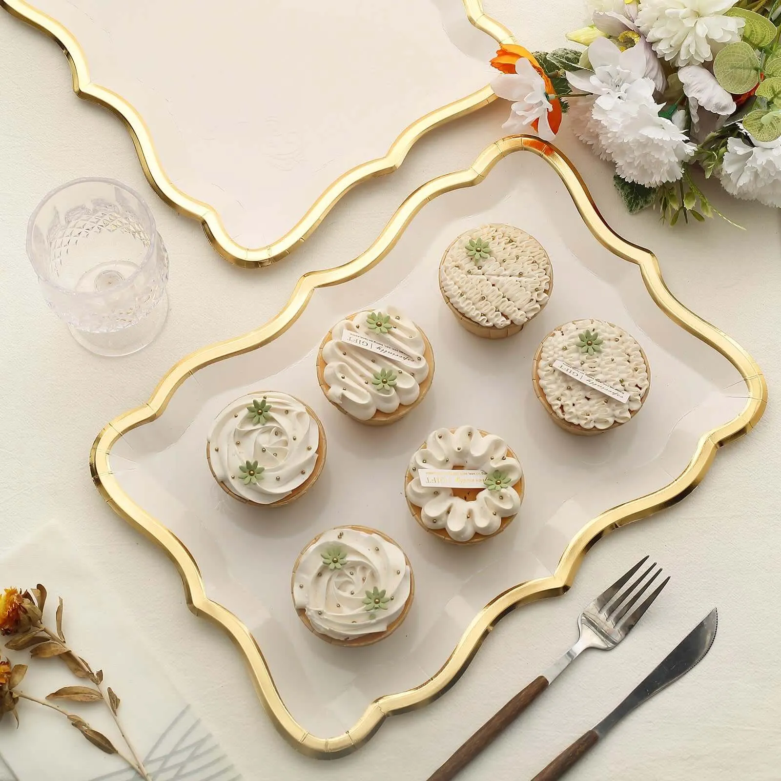 10 Pack Elegant White / Gold Rim Disposable Serving Trays, Heavy Duty 400 GSM Paper Rectangular Party Platters 14"x10"