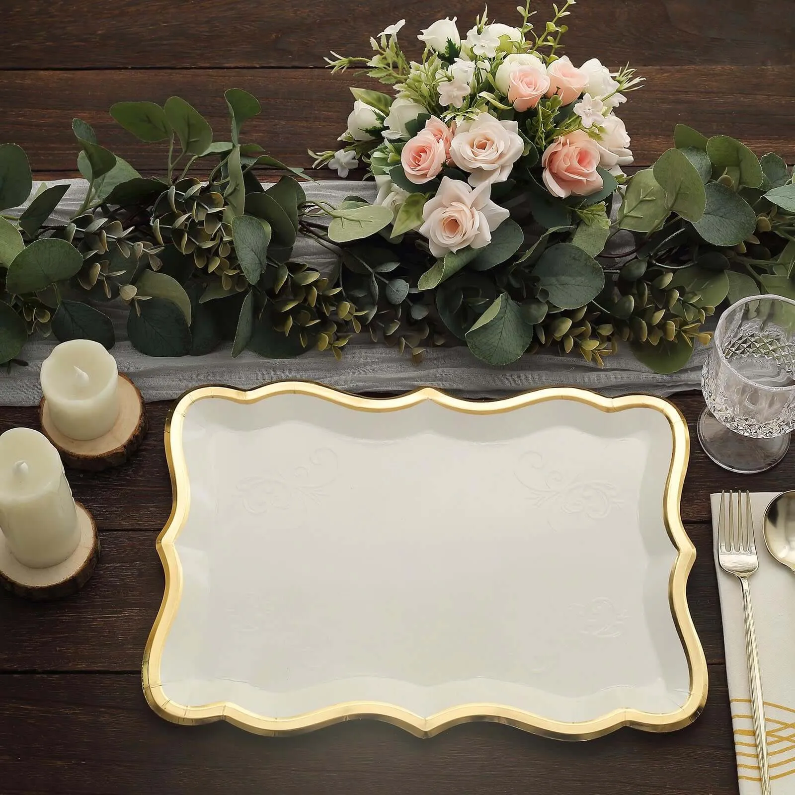 10 Pack Elegant White / Gold Rim Disposable Serving Trays, Heavy Duty 400 GSM Paper Rectangular Party Platters 14"x10"