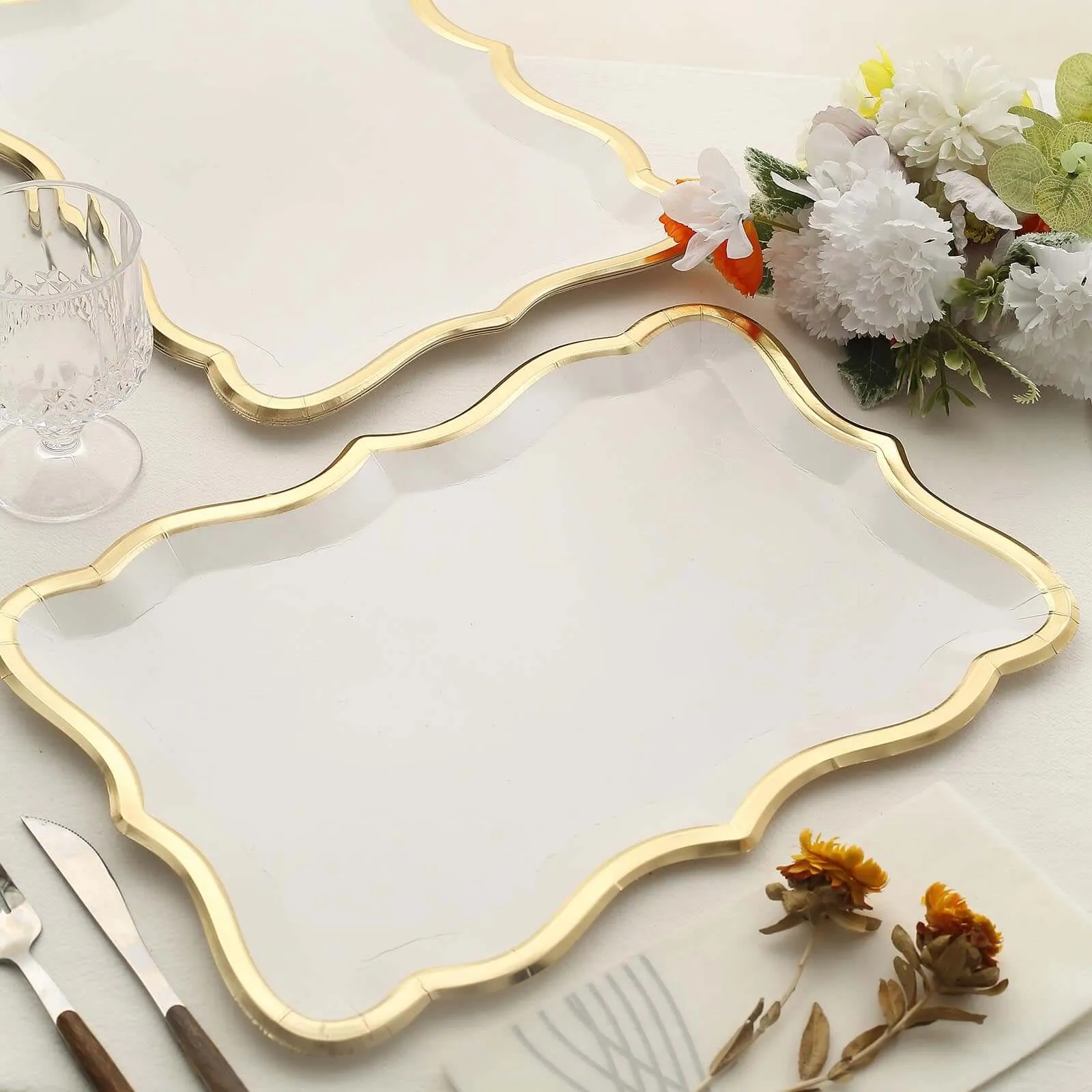 10 Pack Elegant White / Gold Rim Disposable Serving Trays, Heavy Duty 400 GSM Paper Rectangular Party Platters 14"x10"