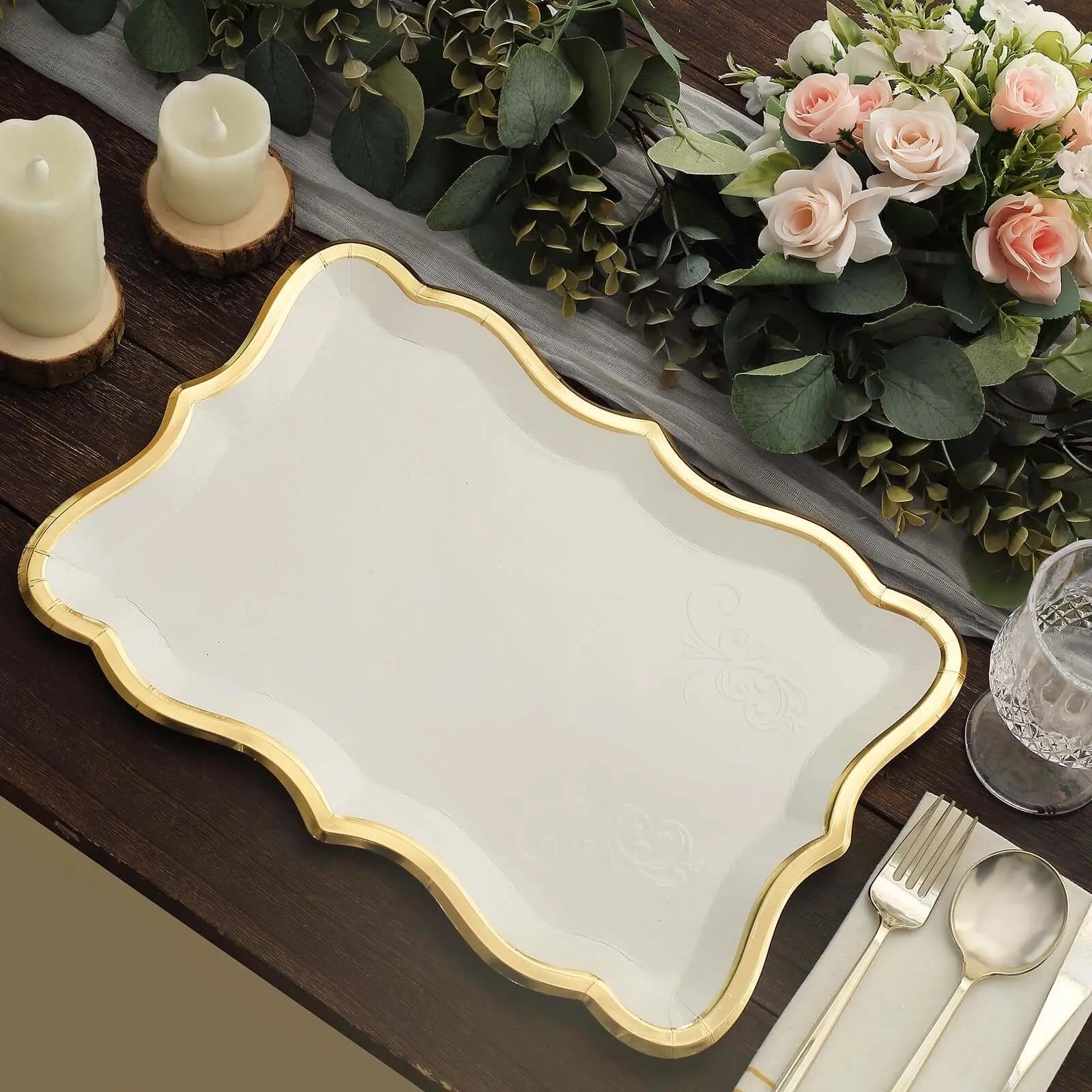 10 Pack Elegant White / Gold Rim Disposable Serving Trays, Heavy Duty 400 GSM Paper Rectangular Party Platters 14"x10"