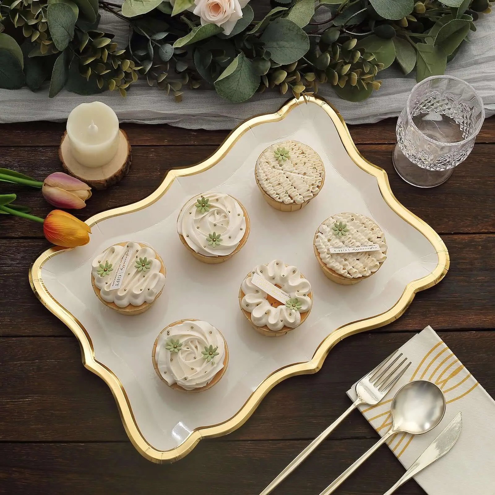 10 Pack Elegant White / Gold Rim Disposable Serving Trays, Heavy Duty 400 GSM Paper Rectangular Party Platters 14"x10"