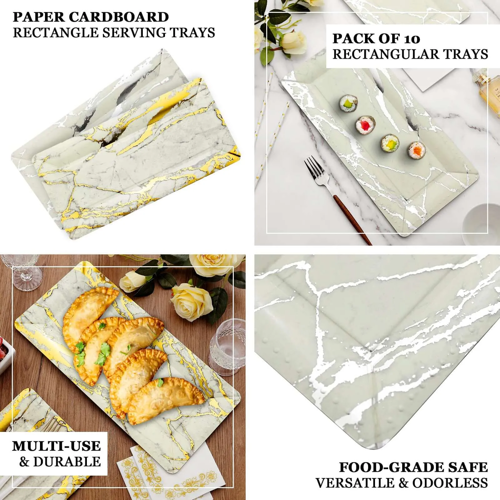 10 Pack Ivory/Gold Marble Heavy Duty Paper Serving Trays 1100 GSM 16"