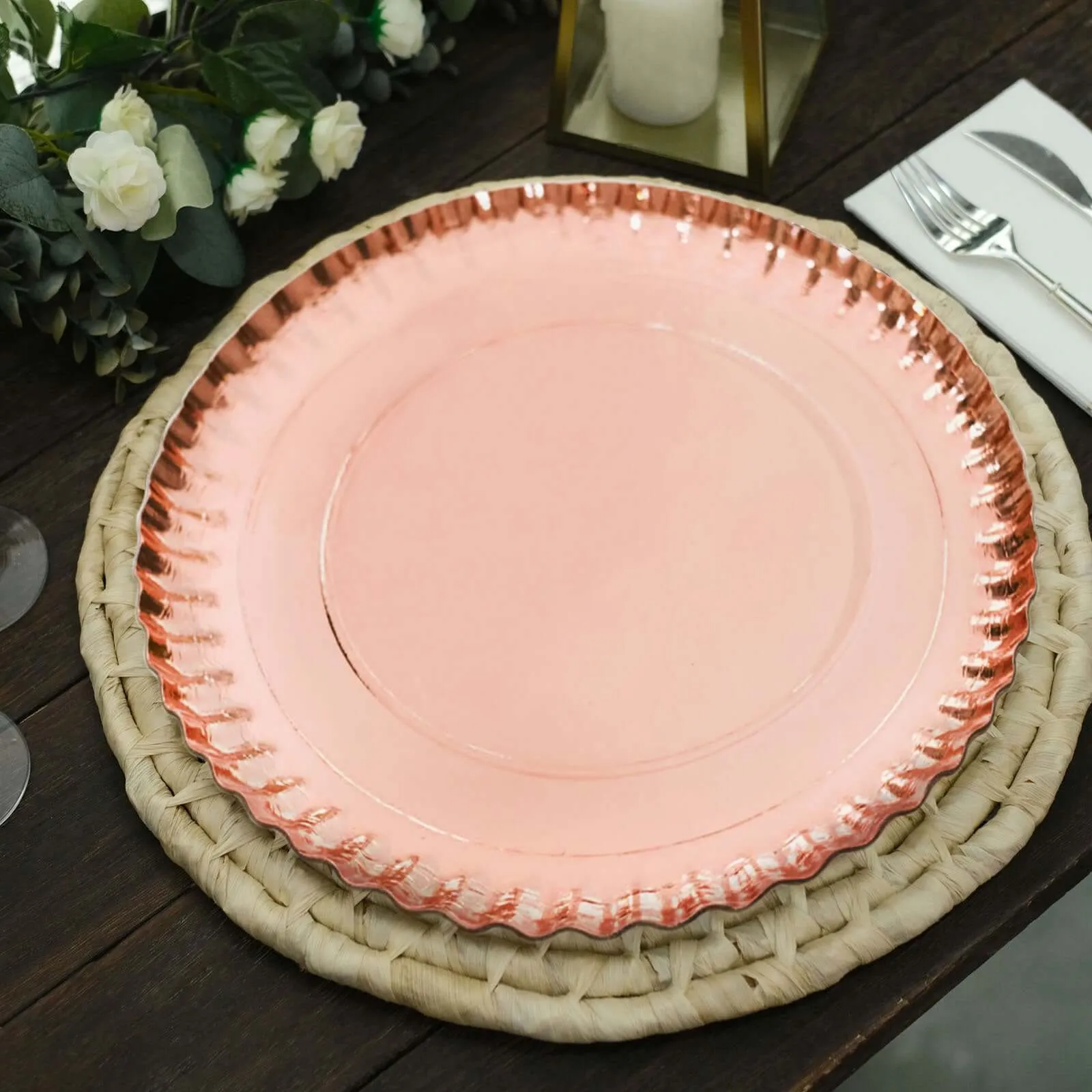 10 Pack Rose Gold Heavy Duty Paper Charger Plates, Disposable Serving Tray Round With Scalloped Rims 1100 GSM 13"