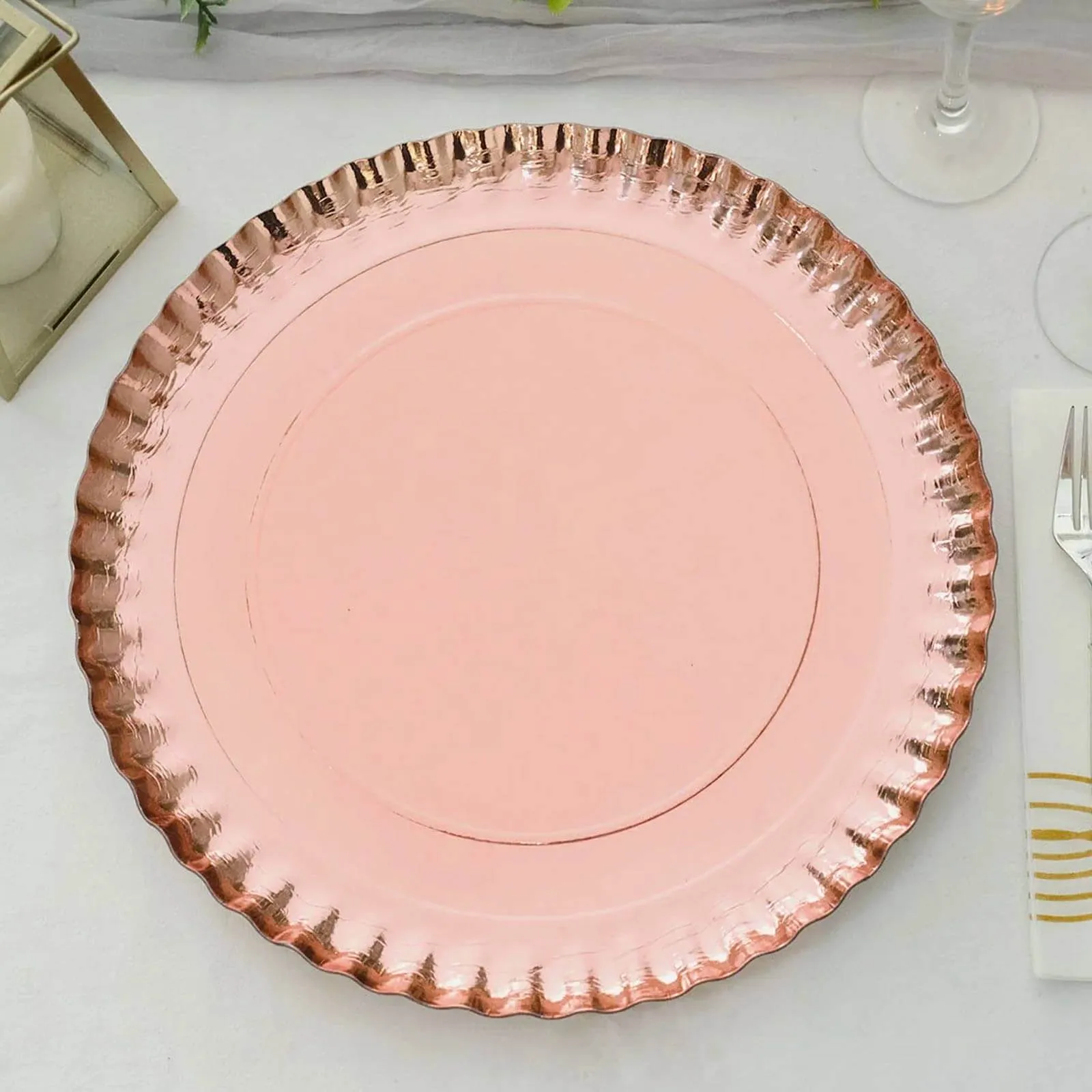 10 Pack Rose Gold Heavy Duty Paper Charger Plates, Disposable Serving Tray Round With Scalloped Rims 1100 GSM 13"