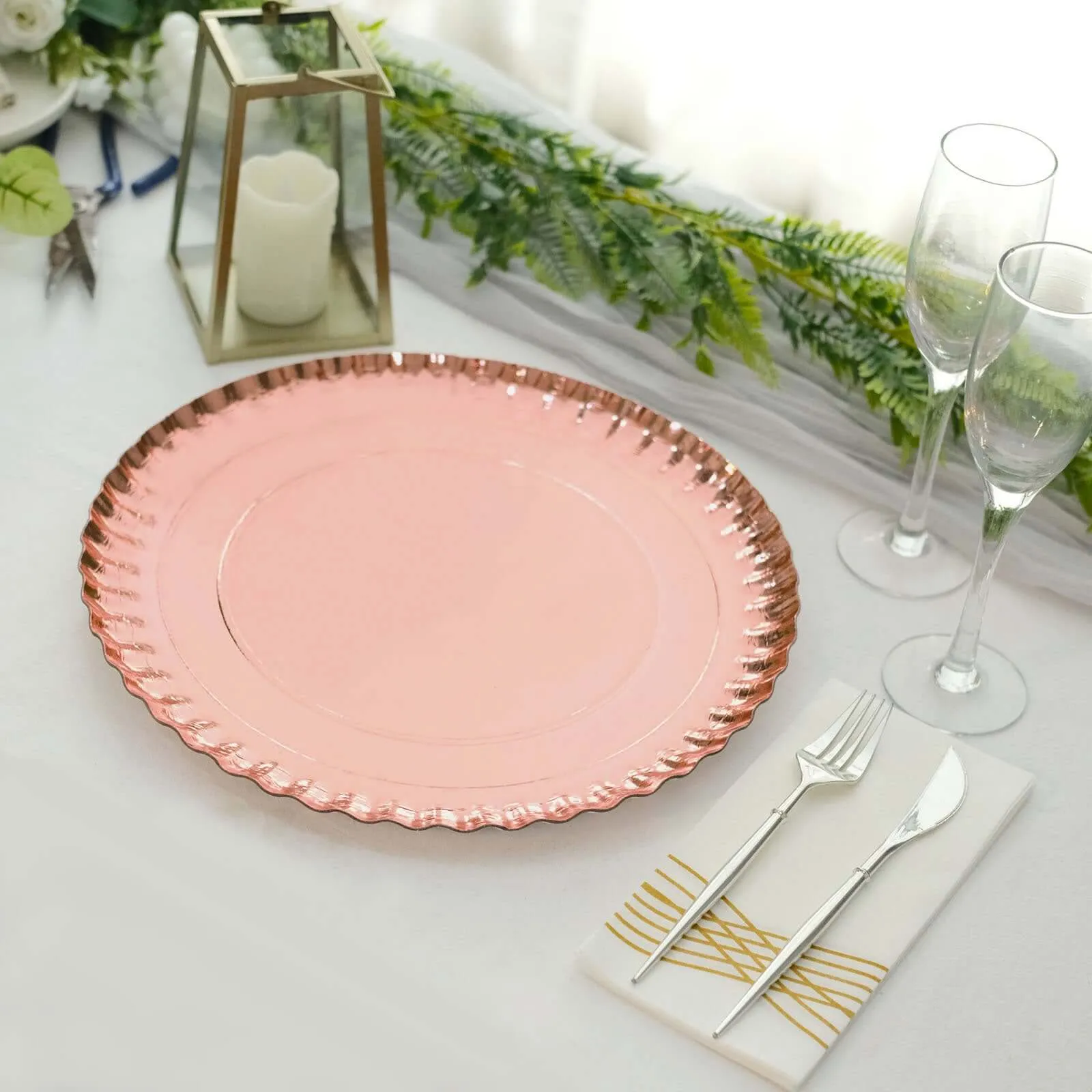 10 Pack Rose Gold Heavy Duty Paper Charger Plates, Disposable Serving Tray Round With Scalloped Rims 1100 GSM 13"