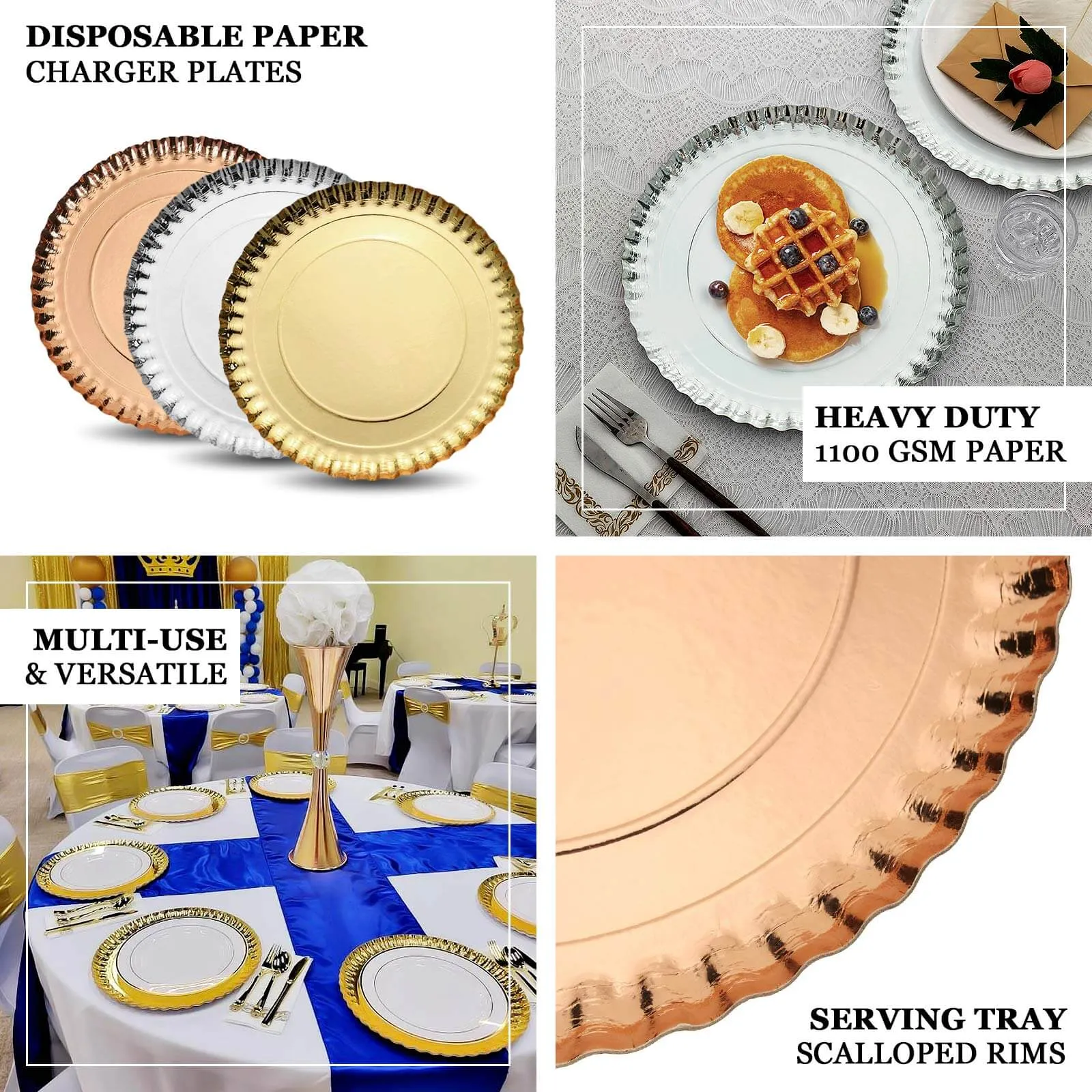 10 Pack Rose Gold Heavy Duty Paper Charger Plates, Disposable Serving Tray Round With Scalloped Rims 1100 GSM 13"