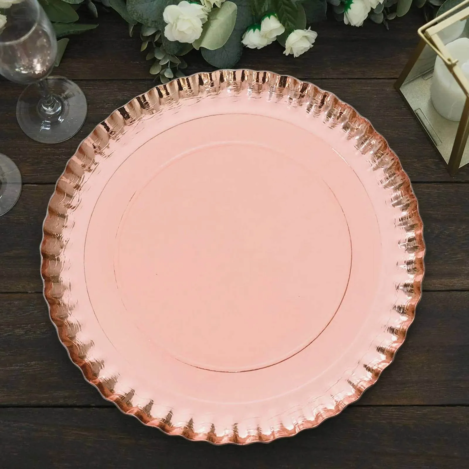 10 Pack Rose Gold Heavy Duty Paper Charger Plates, Disposable Serving Tray Round With Scalloped Rims 1100 GSM 13"