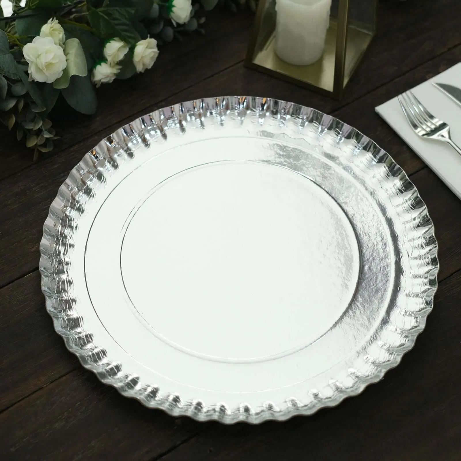 10 Pack Silver Heavy Duty Paper Charger Plates, Disposable Serving Tray Round With Scalloped Rims 1100 GSM 13"