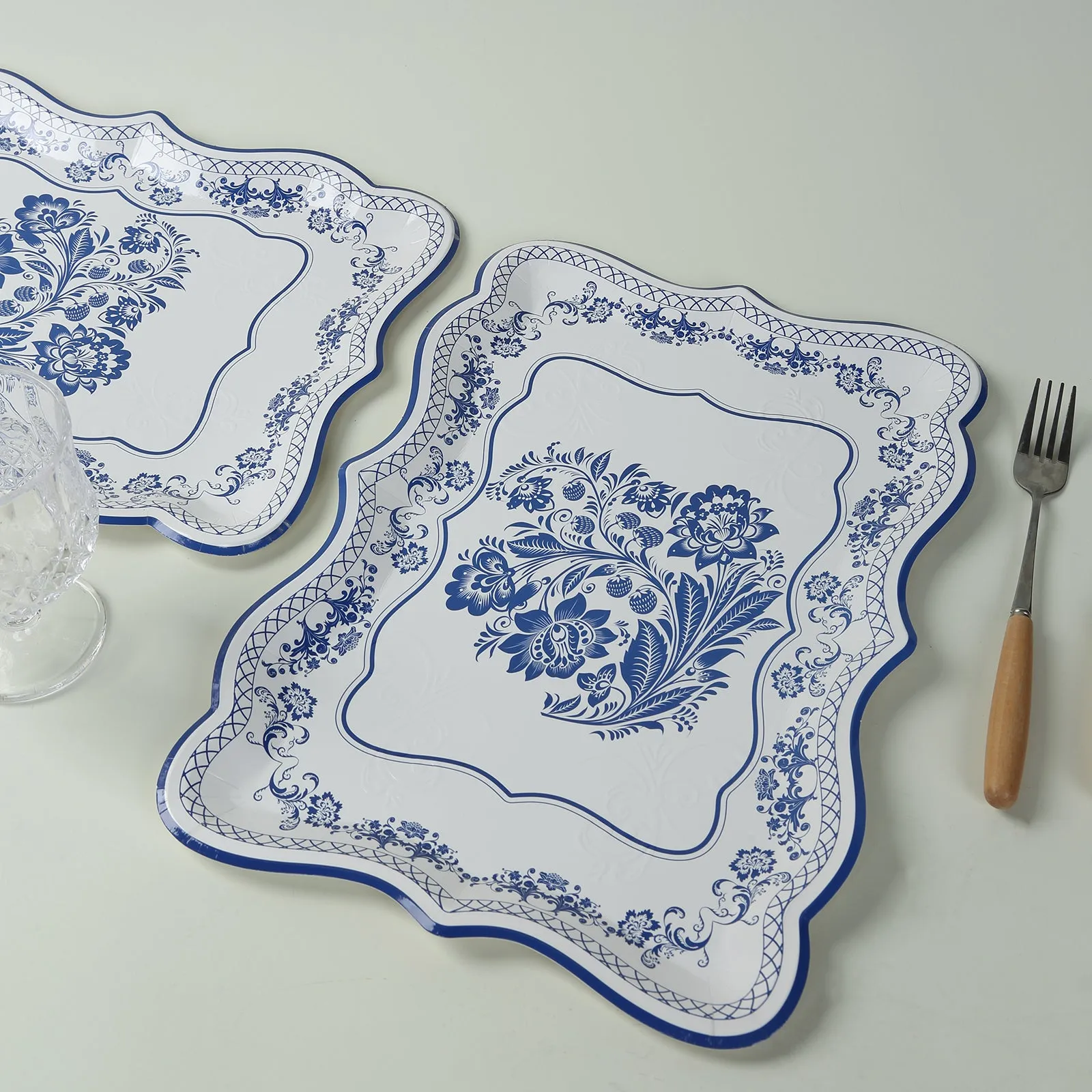 10 Pack White Blue Disposable Serving Trays with French Toile Pattern, Heavy Duty 400 GSM Paper Rectangular Party Platters 14"x10"