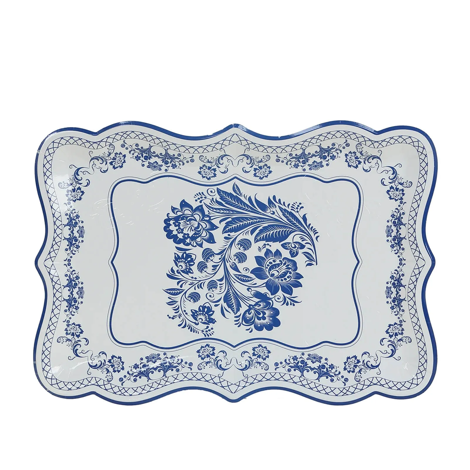 10 Pack White Blue Disposable Serving Trays with French Toile Pattern, Heavy Duty 400 GSM Paper Rectangular Party Platters 14"x10"