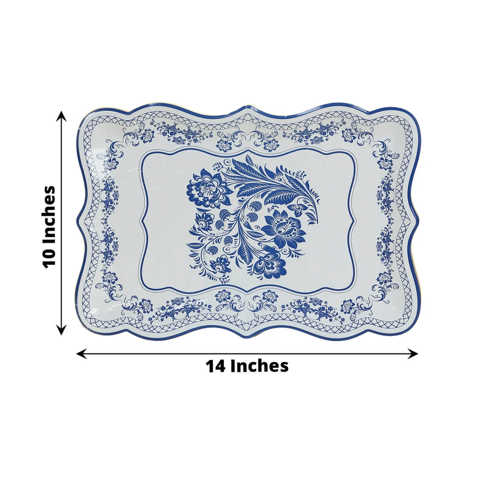 10 Pack White Blue Disposable Serving Trays with French Toile Pattern, Heavy Duty 400 GSM Paper Rectangular Party Platters 14"x10"