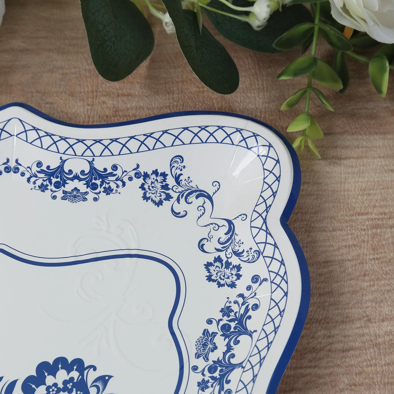 10 Pack White Blue Disposable Serving Trays with French Toile Pattern, Heavy Duty 400 GSM Paper Rectangular Party Platters 14"x10"