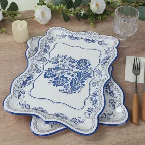 10 Pack White Blue Disposable Serving Trays with French Toile Pattern, Heavy Duty 400 GSM Paper Rectangular Party Platters 14"x10"