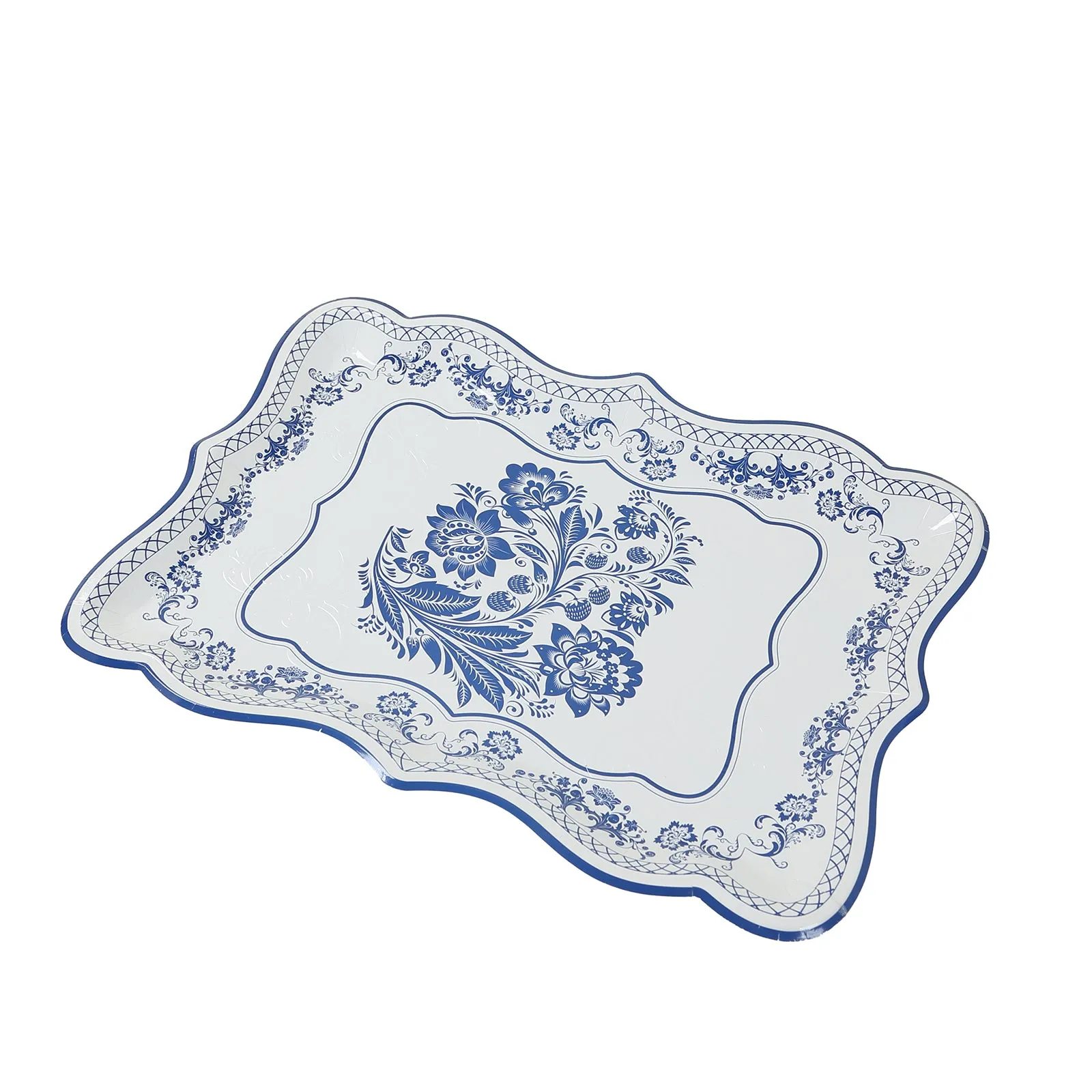 10 Pack White Blue Disposable Serving Trays with French Toile Pattern, Heavy Duty 400 GSM Paper Rectangular Party Platters 14"x10"