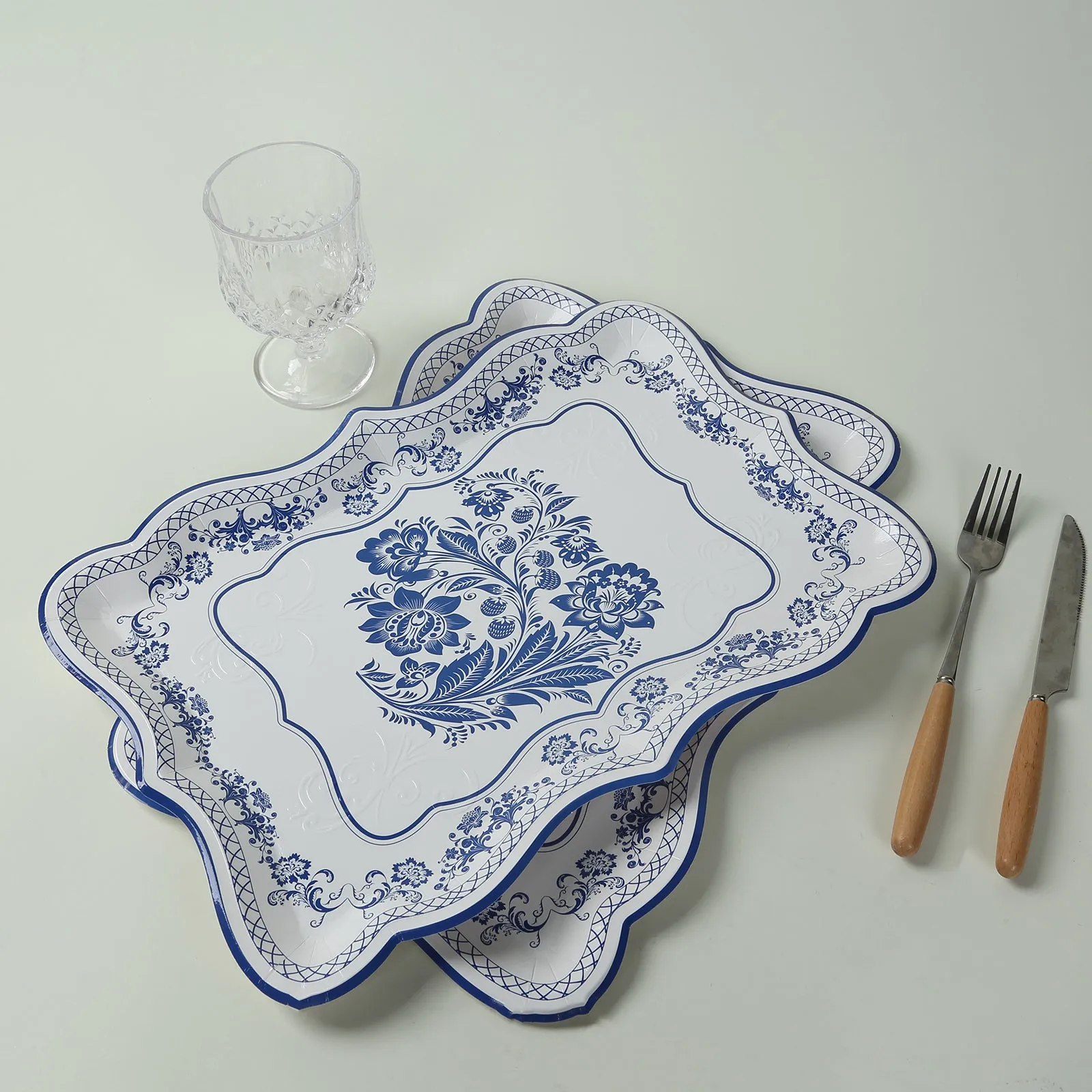 10 Pack White Blue Heavy Duty Paper Serving Trays with French Toile Pattern, 400 GSM Disposable Rectangular Party Platters - 14"x10"