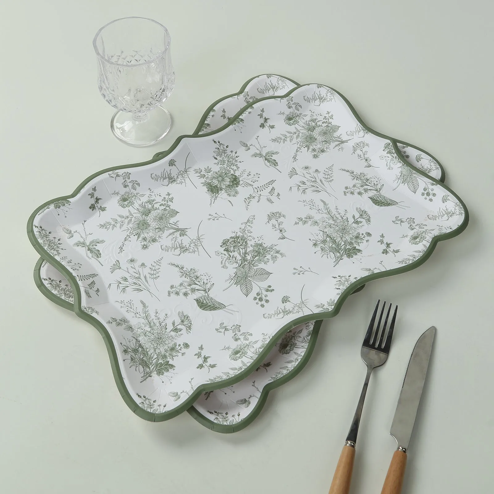 10 Pack White Sage Green Disposable Serving Trays with French Toile Pattern, Heavy Duty 400 GSM Paper Rectangular Party Platters 14"x10"