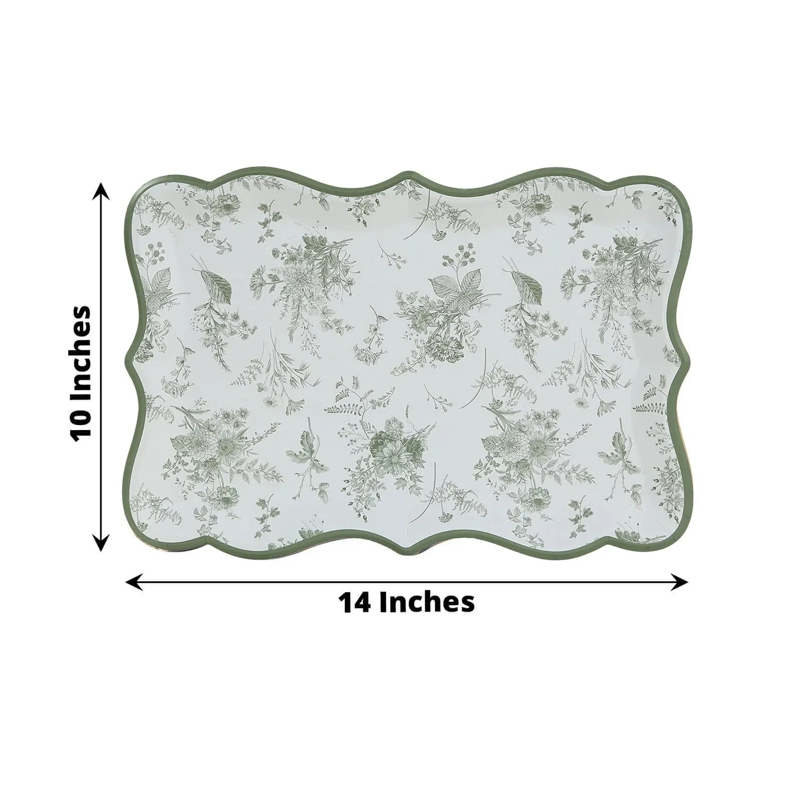 10 Pack White Sage Green Disposable Serving Trays with French Toile Pattern, Heavy Duty 400 GSM Paper Rectangular Party Platters 14"x10"