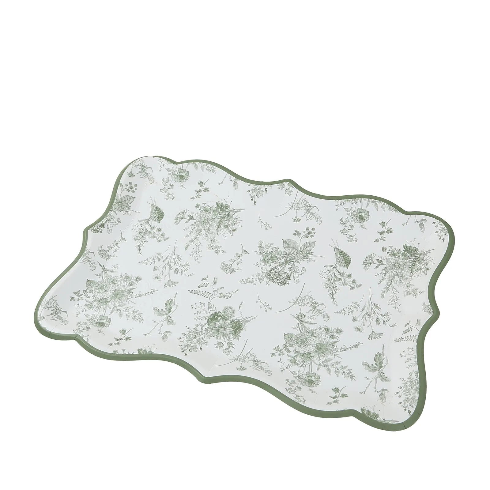 10 Pack White Sage Green Disposable Serving Trays with French Toile Pattern, Heavy Duty 400 GSM Paper Rectangular Party Platters 14"x10"