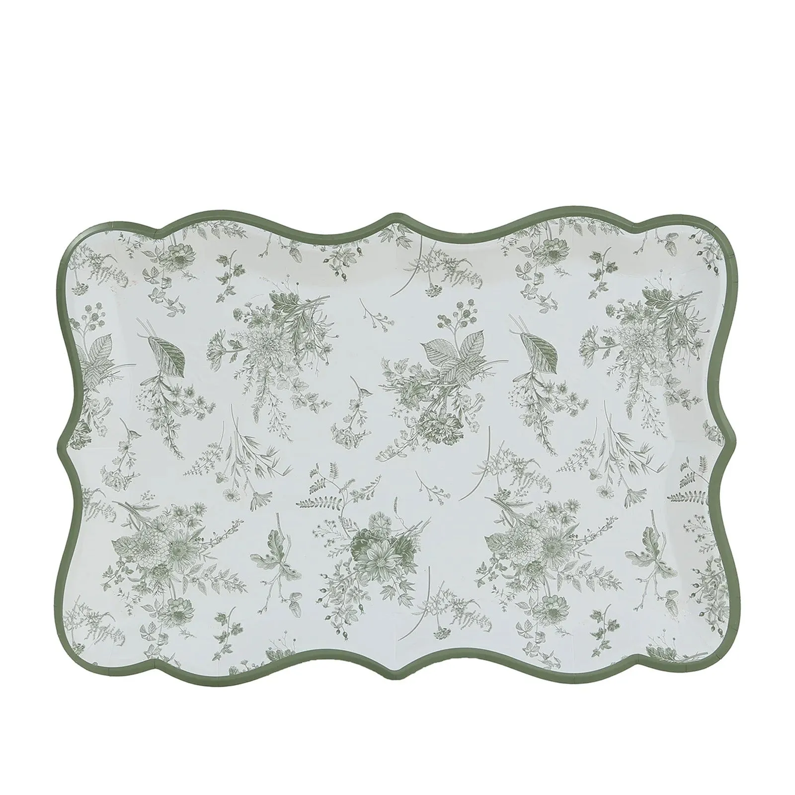 10 Pack White Sage Green Disposable Serving Trays with French Toile Pattern, Heavy Duty 400 GSM Paper Rectangular Party Platters 14"x10"