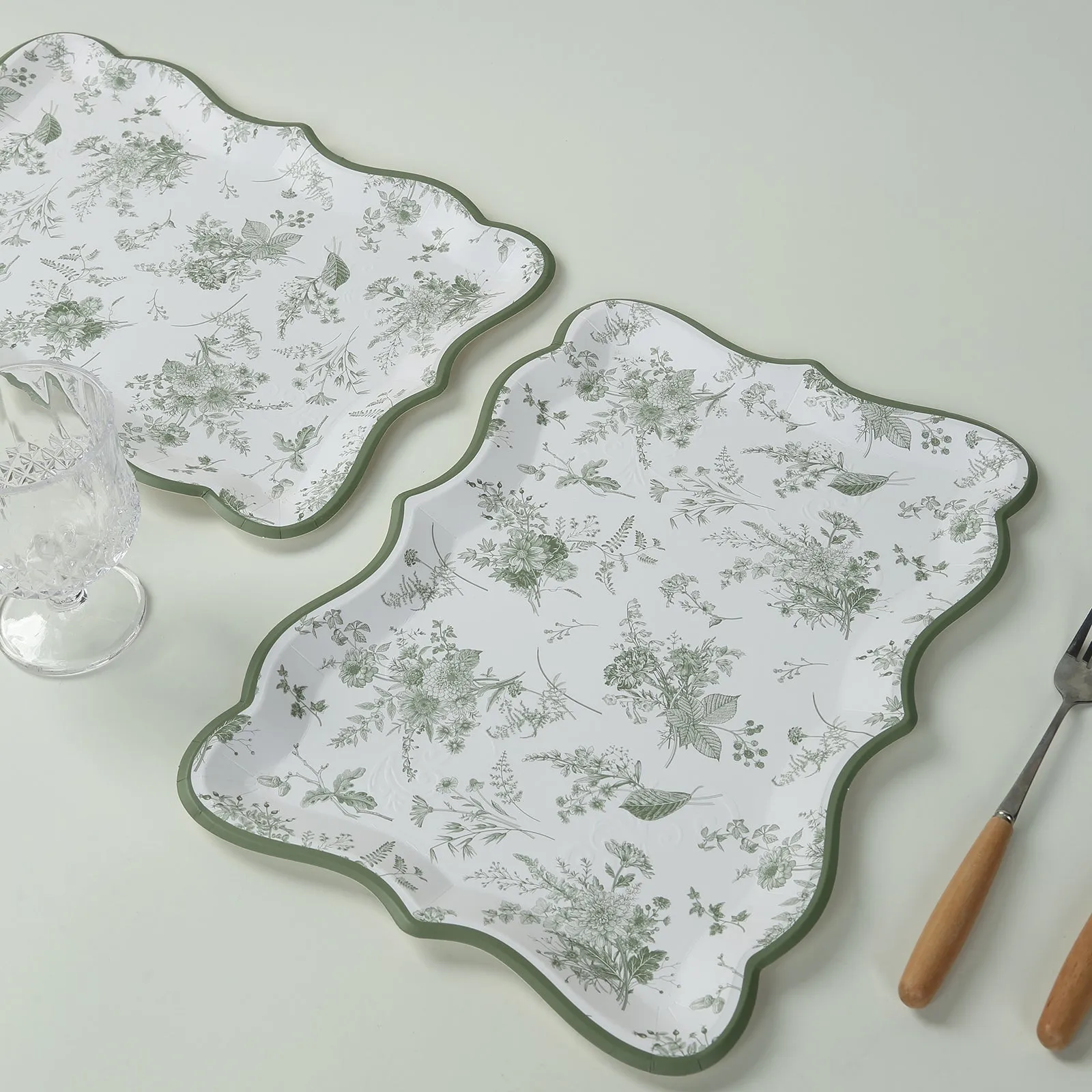 10 Pack White Sage Green Disposable Serving Trays with French Toile Pattern, Heavy Duty 400 GSM Paper Rectangular Party Platters 14"x10"