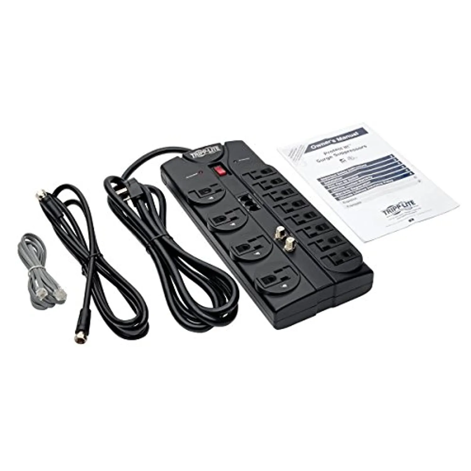 12 Outlet Surge Protector Power Strip, 8ft Cord, Right-Angle Plug, Tel/Modem/Coax Protection