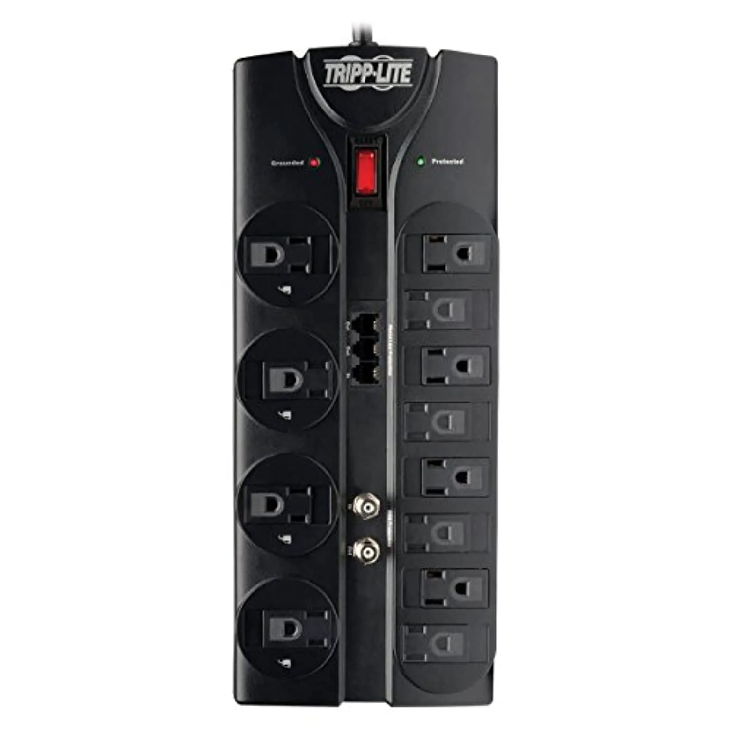 12 Outlet Surge Protector Power Strip, 8ft Cord, Right-Angle Plug, Tel/Modem/Coax Protection