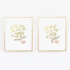 And though she be but little - Let her sleep - Blush and Gold Nursery Print  - Set of 2