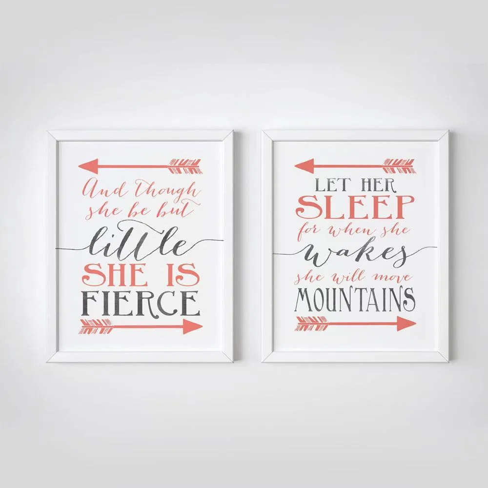 And though she be but little - Let her sleep - Coral and Gray Nursery Print  - Set of 2