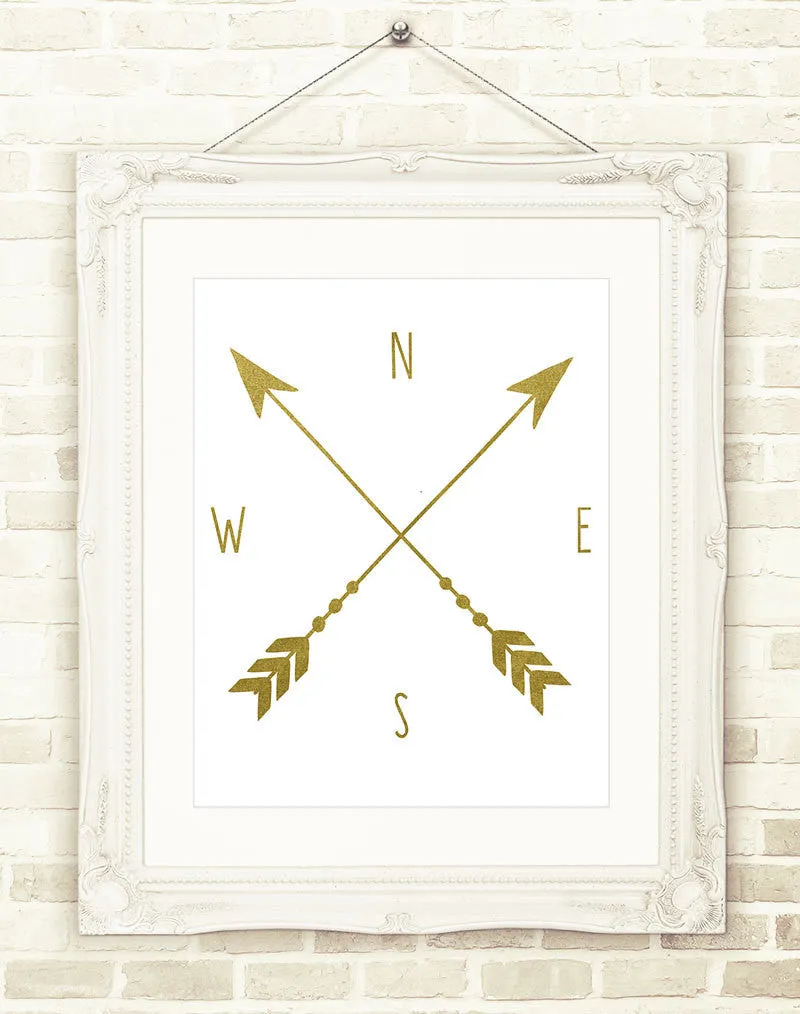 Arrow Wall Decor, Compass Print, Adventure Wall Art, Gold Arrow Wall Sign, Printable Wall Art NSTANT DOWNLOAD, Travel Decor, Modern Art