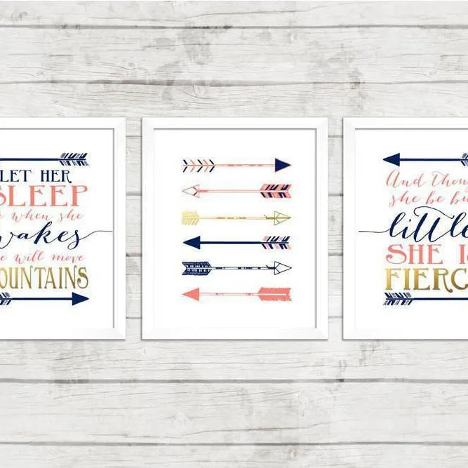 Baby Girl Navy and Coral nursery wall prints with Shakespeare Bonaparte quotes