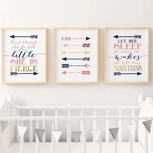 Baby Girl Navy and Coral nursery wall prints with Shakespeare Bonaparte quotes