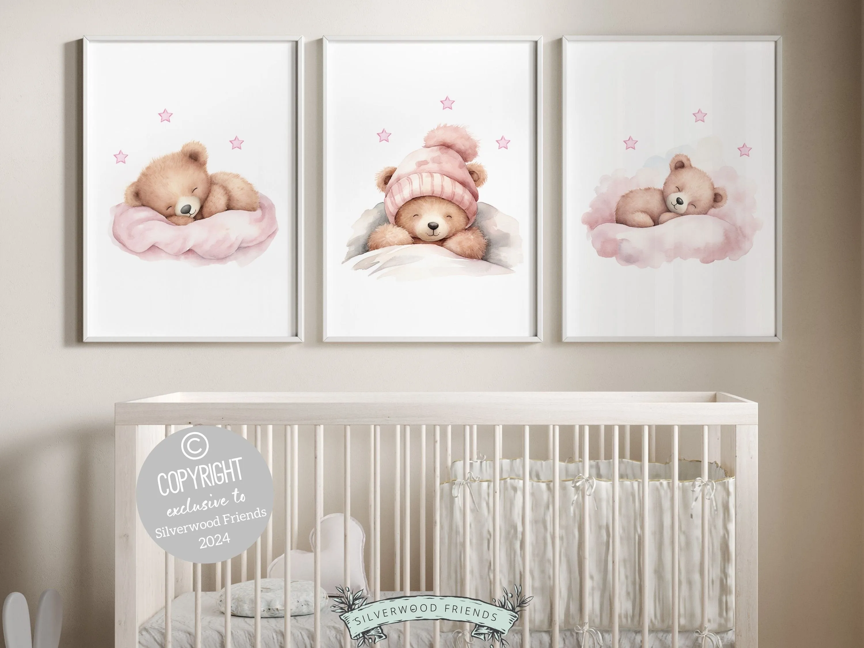 Baby Girls Pink Teddy Bear Nursery Prints