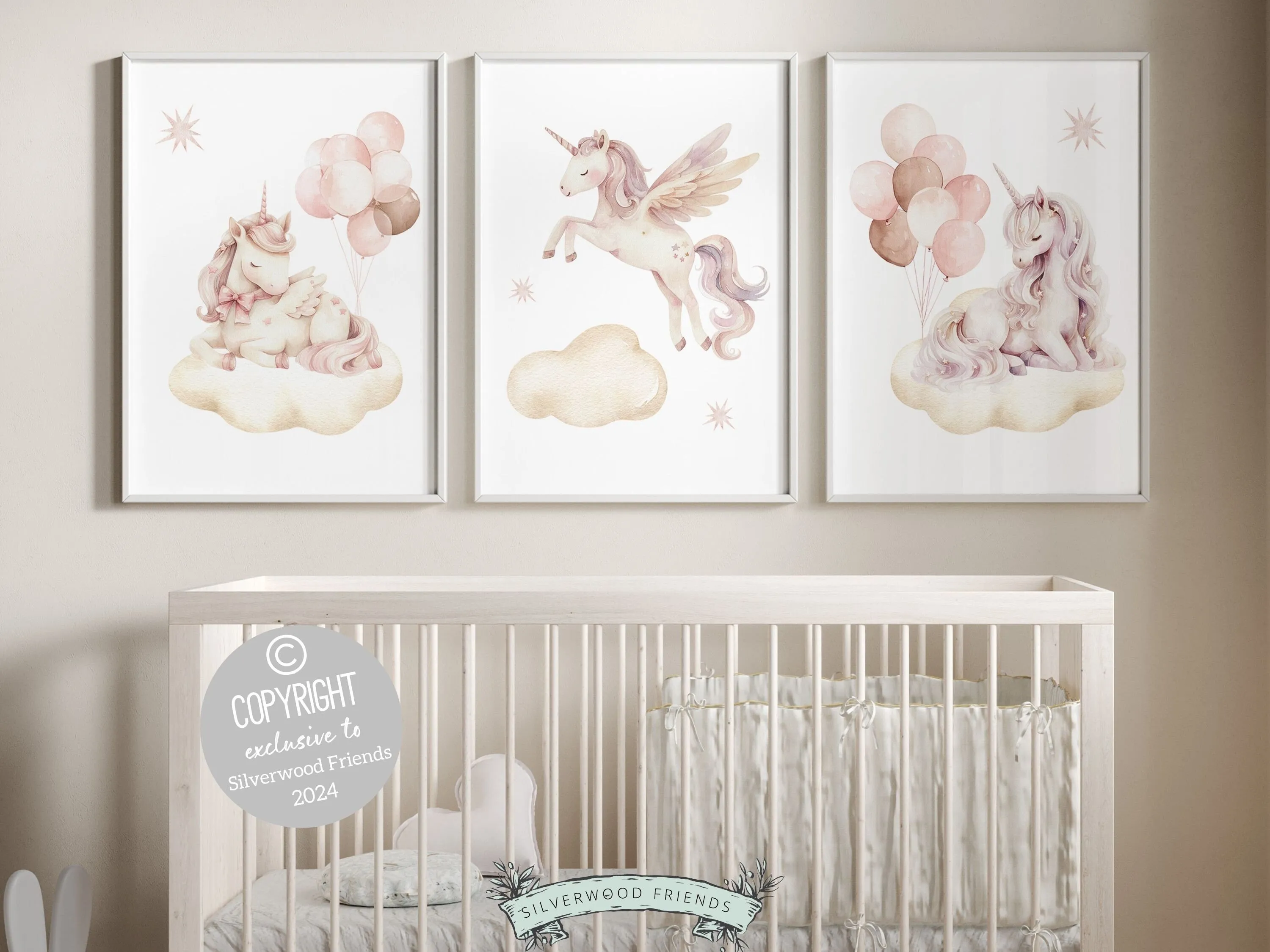 Baby Girls Unicorn Nursery Prints - Set of 3